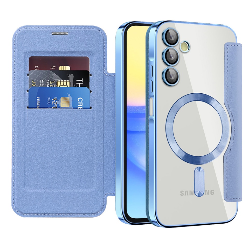 Husa pentru Samsung Galaxy A15 4G / Galaxy A15 5G tip carte, SKYDDAR INOVATION, SmartMag Book, Magsafe, RFiD, Suport Carduri, set cu sticker, Bleu