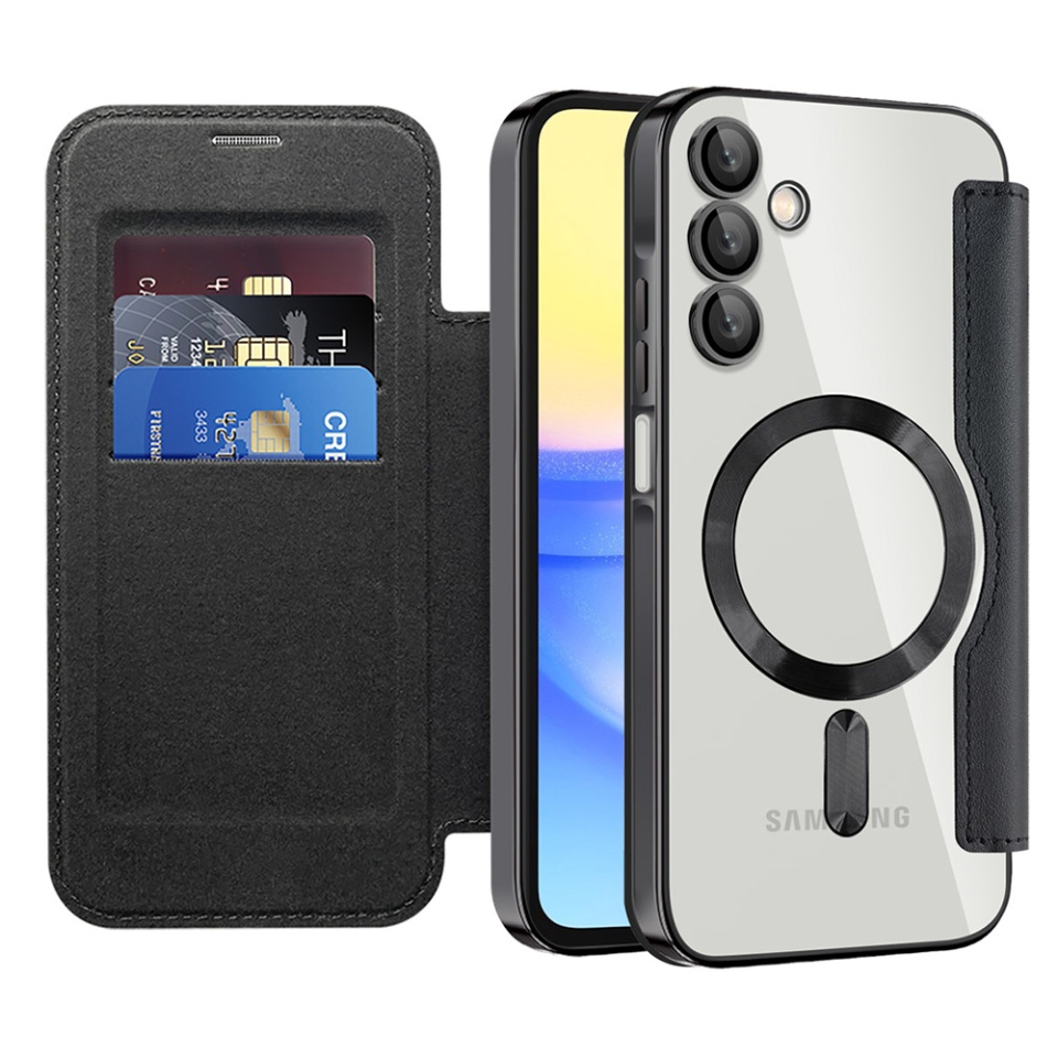 Husa pentru Samsung Galaxy A15 4G / Galaxy A15 5G tip carte, SKYDDAR INOVATION, SmartMag Book, Magsafe, RFiD, Suport Carduri, set cu sticker, Negru