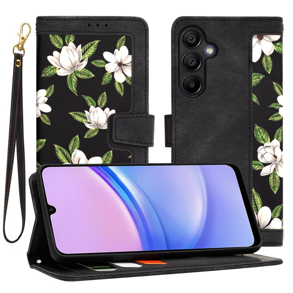 Husa pentru Samsung Galaxy A16 4G / Galaxy A16 5G din Piele Ecologică cu Design Floral, Protecție 360°, Stand Integrat, Buzunare pentru Carduri, SKDR Floral Wallet - Negru
