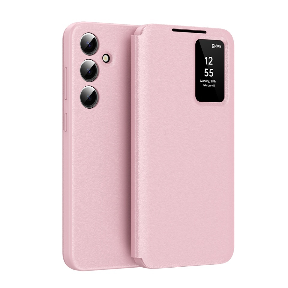 Husa pentru Samsung Galaxy A16 4G / Galaxy A16 5G tip carte, Skyddar, cu portofel si SmartView, Premium, set cu sticker, Roz