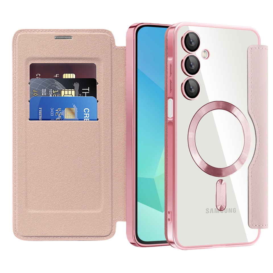 Husa pentru Samsung Galaxy A17 5G tip carte, SKYDDAR INOVATION, SmartMag Book, Magsafe, RFiD, Suport Carduri, set cu sticker, Roz