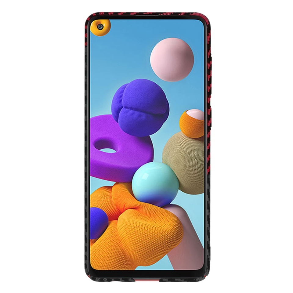 Husa pentru Samsung Galaxy A21s, SKYDDAR INNOVATION, textura carbon, Carbonite FiberShell, set cu sticker, Rosu inchis, - 1 | YEO