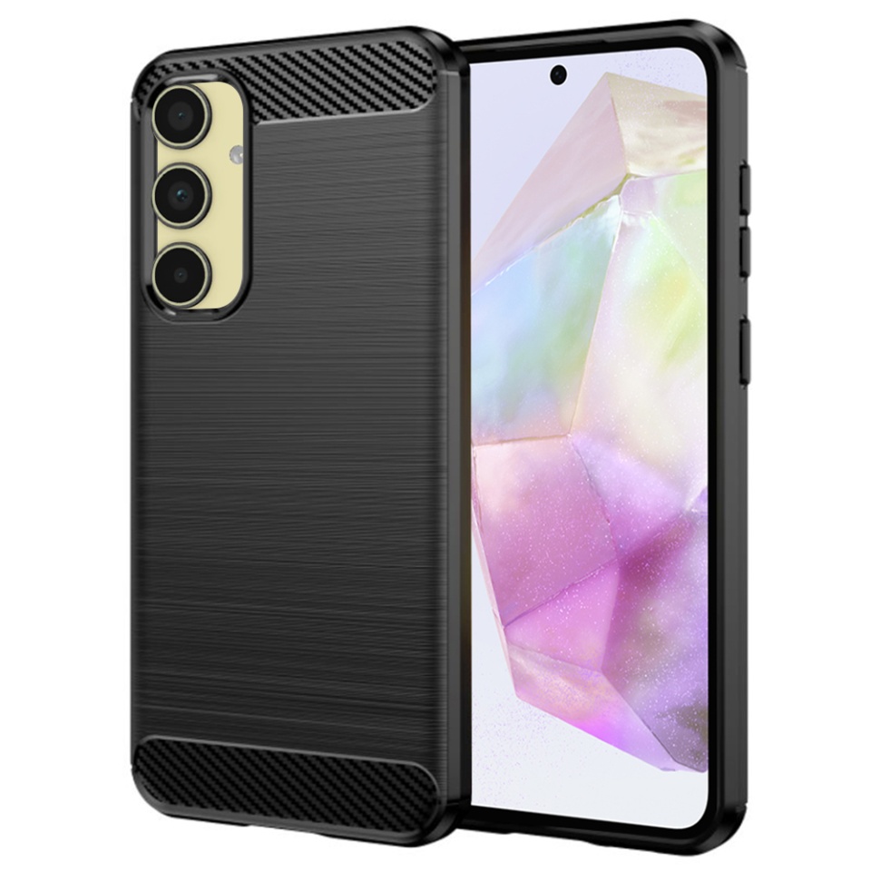 Husa pentru Samsung Galaxy A35 5G, SKYDDAR INNOVATION, Carbon Silicone, din Silicon Premium, Slim, cu textura Fibra Carbon, Negru, set cu sticker