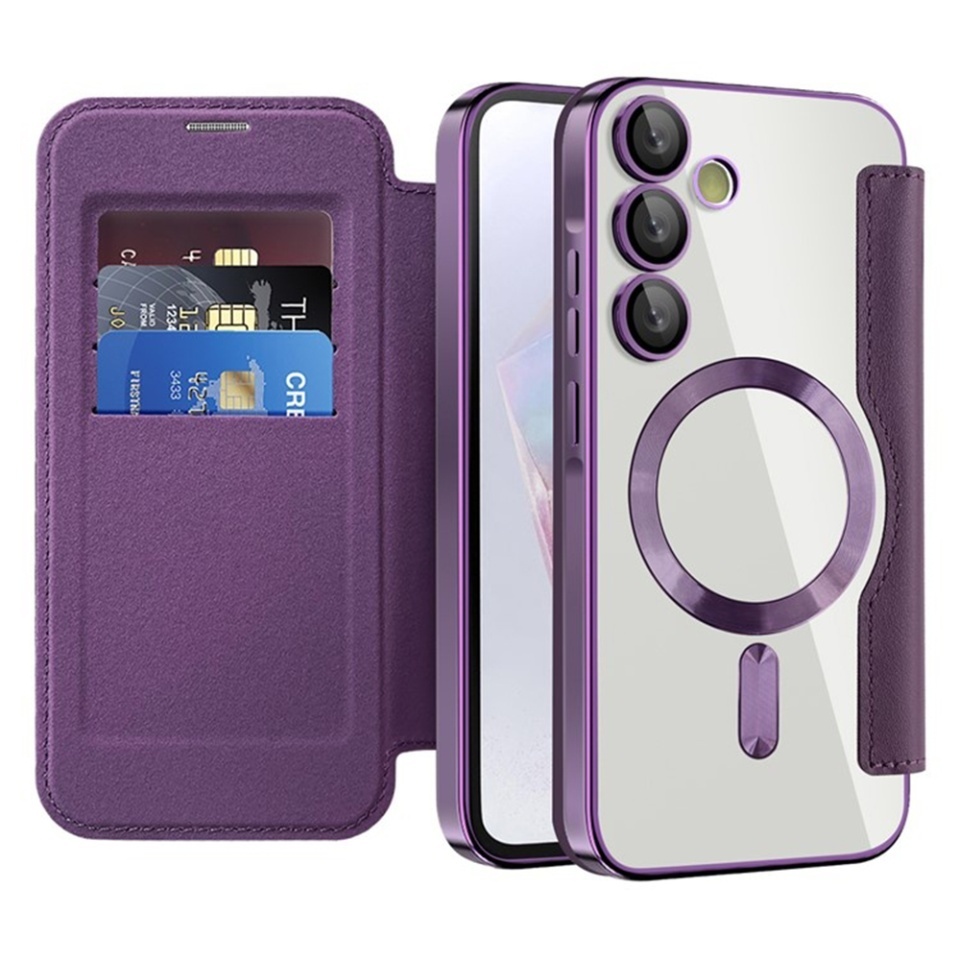 Husa pentru Samsung Galaxy A35 5G tip carte, SKYDDAR INOVATION, SmartMag Book, Magsafe, RFiD, Suport Carduri, set cu sticker, Mov