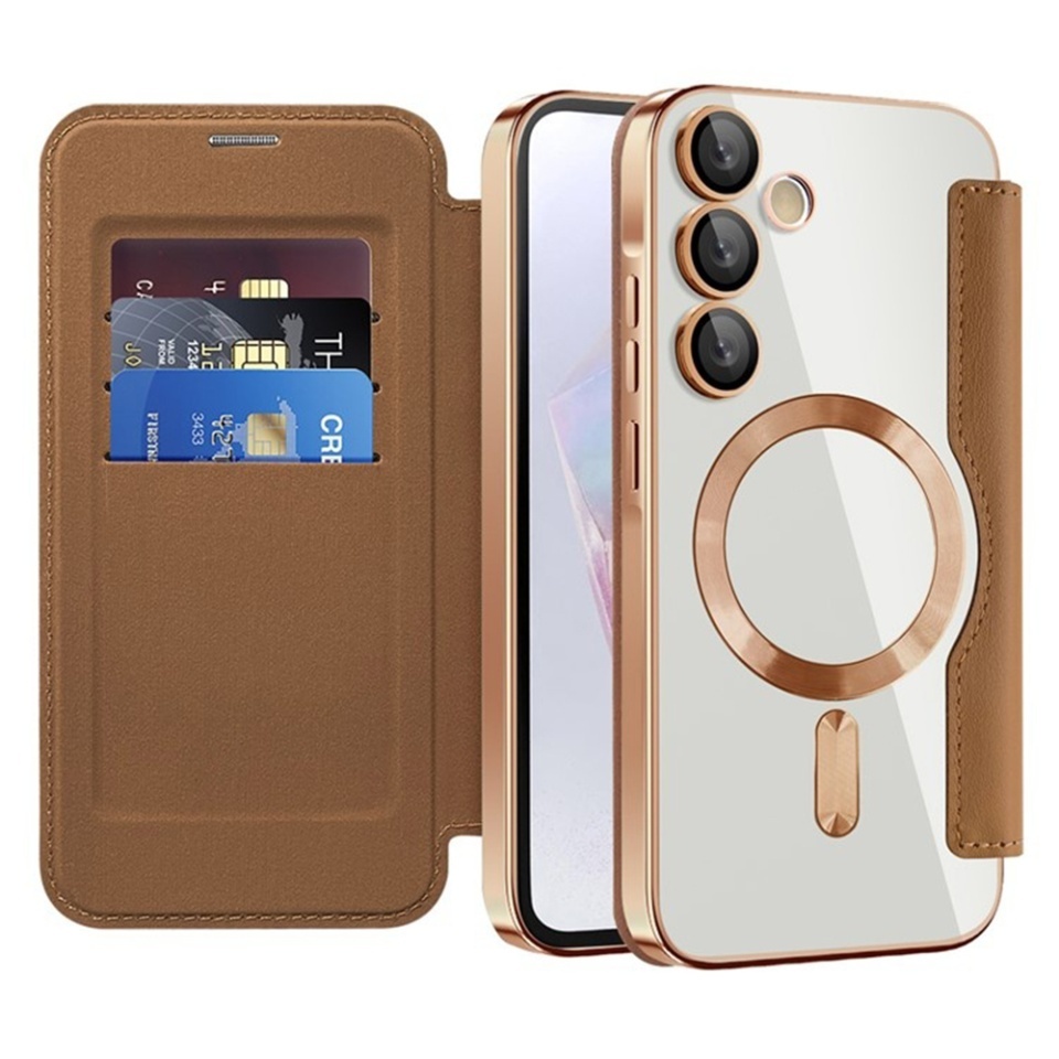 Husa pentru Samsung Galaxy A35 5G tip carte, SKYDDAR INOVATION, SmartMag Book, Magsafe, RFiD, Suport Carduri, set cu sticker, Maro