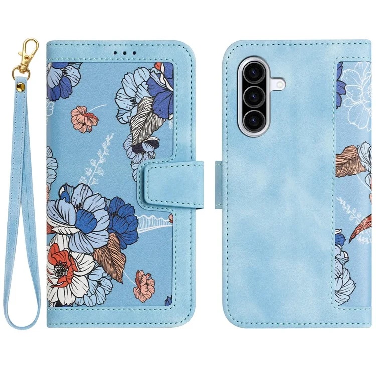 Husa pentru Samsung Galaxy A36 5G din Piele Ecologică cu Design Floral, Protecție 360°, Stand Integrat, Buzunare pentru Carduri, SKDR Floral Wallet - Bleu