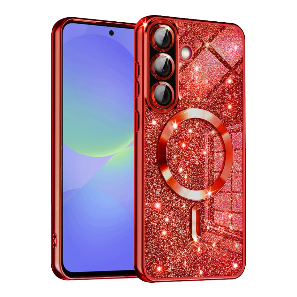 Husa pentru Samsung Galaxy A36 5G / Galaxy A56 5G, SKYDDAR INNOVATION, Luxury Glitter Magsafe, Antisoc, Fundal Detasabil 2-in-1, Protectie Superioara, Margini Ridicate, Rosu, set cu sticker