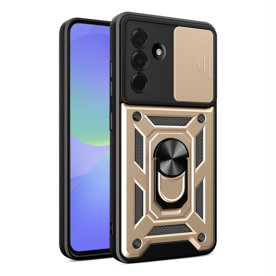 Husa pentru Samsung Galaxy A36 5G, SKYDDAR INNOVATION, CamShield, Inel magnetic, set cu sticker, Auriu