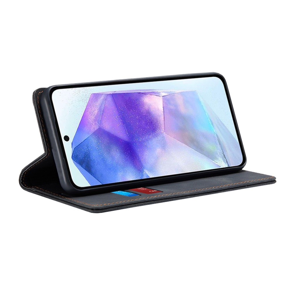 Husa pentru Samsung Galaxy A55 5G, SKYDDAR INNOVATION, Soft Wallet, tip Carte din piele Eco Premium, cu Portofel Interior, Negru, set cu sticker - 1 | YEO