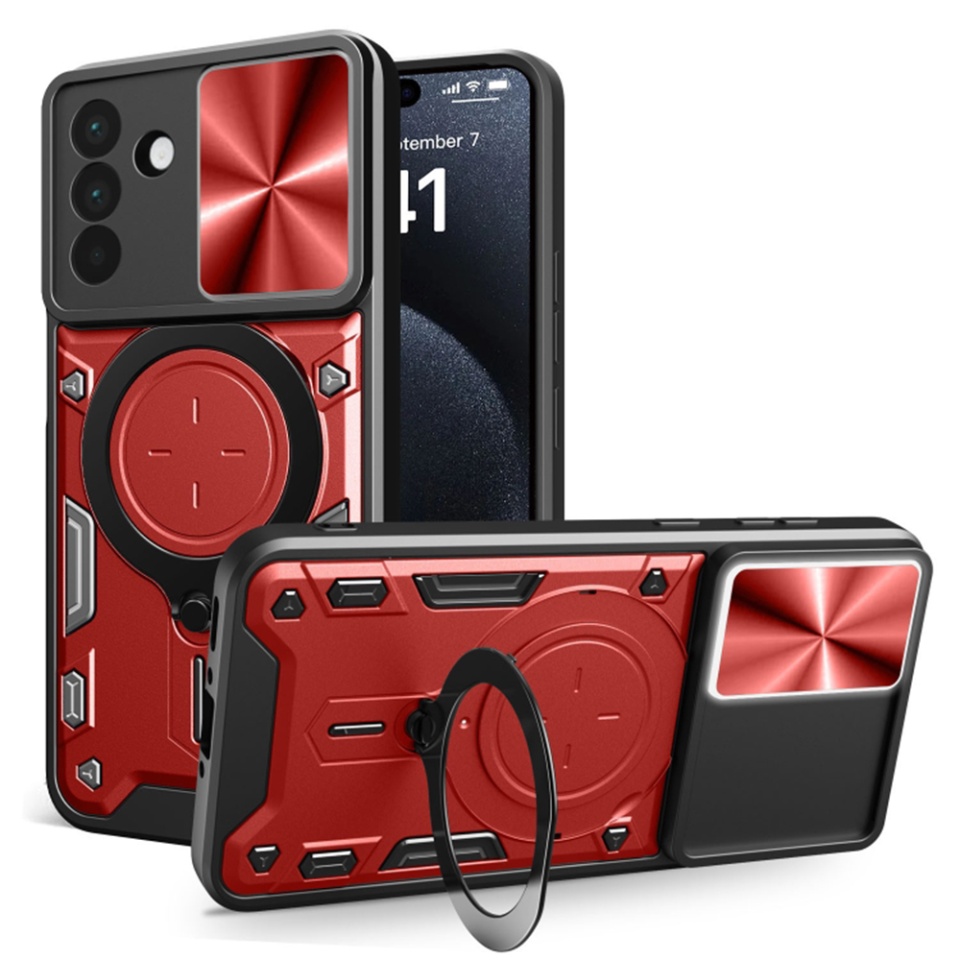 Husa pentru Samsung Galaxy A56 5G, cu inel magnetic si suport ajustabil, protectie completa camera, SKDR SafeCover - Rosu