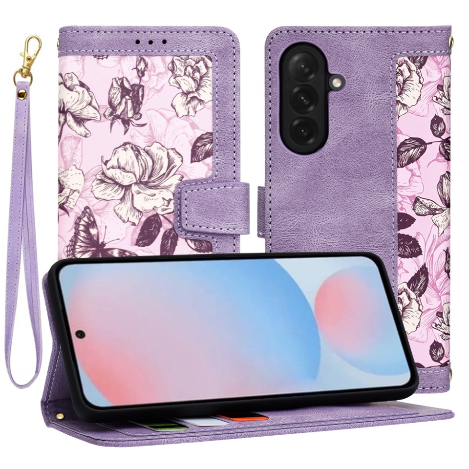 Husa pentru Samsung Galaxy A56 5G din Piele Ecologică cu Design Floral, Protecție 360°, Stand Integrat, Buzunare pentru Carduri, Floral Wallet - Mov