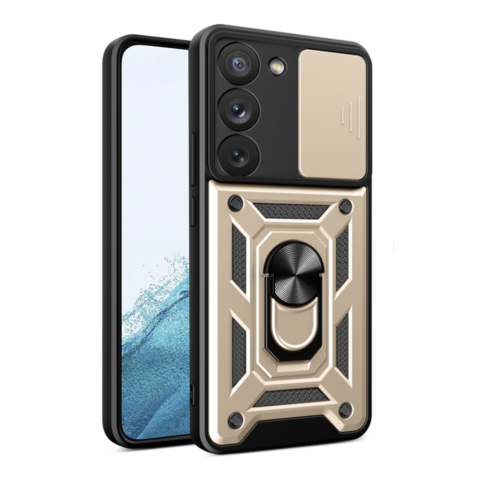 Husa pentru Samsung Galaxy S22 5G, SKYDDAR INNOVATION, CamShield, Inel magnetic, set cu sticker, Auriu