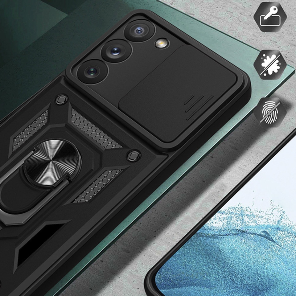 Husa pentru Samsung Galaxy S22 5G, SKYDDAR INNOVATION, CamShield, Inel magnetic, set cu sticker, Negru - 3 | YEO