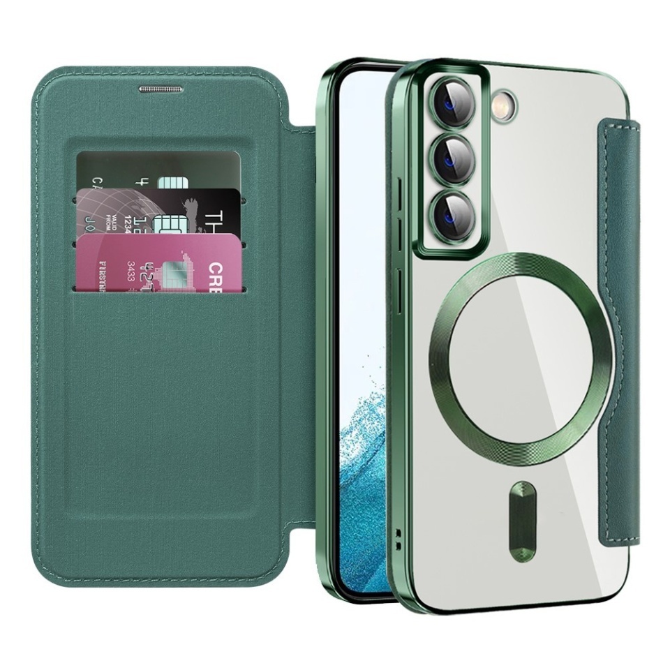 Husa pentru Samsung Galaxy S22 5G tip carte, SKYDDAR INOVATION, SmartMag Book, Magsafe, RFiD, Suport Carduri, set cu sticker, Verde
