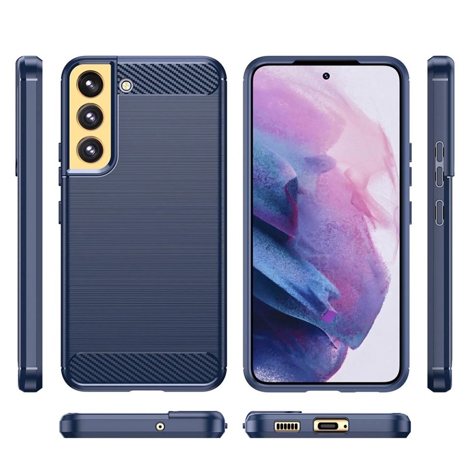 Husa pentru Samsung Galaxy S22 Plus 5G, SKYDDAR INNOVATION, Carbon Silicone, din Silicon Slim, cu textura Fibra Carbon, set cu sticker, Albastru - 1 | YEO