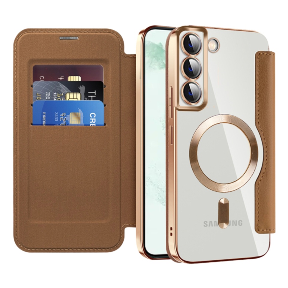 Husa pentru Samsung Galaxy S22 Plus 5G tip carte, SKYDDAR INOVATION, SmartMag Book, Magsafe, RFiD, Suport Carduri, set cu sticker, Maro