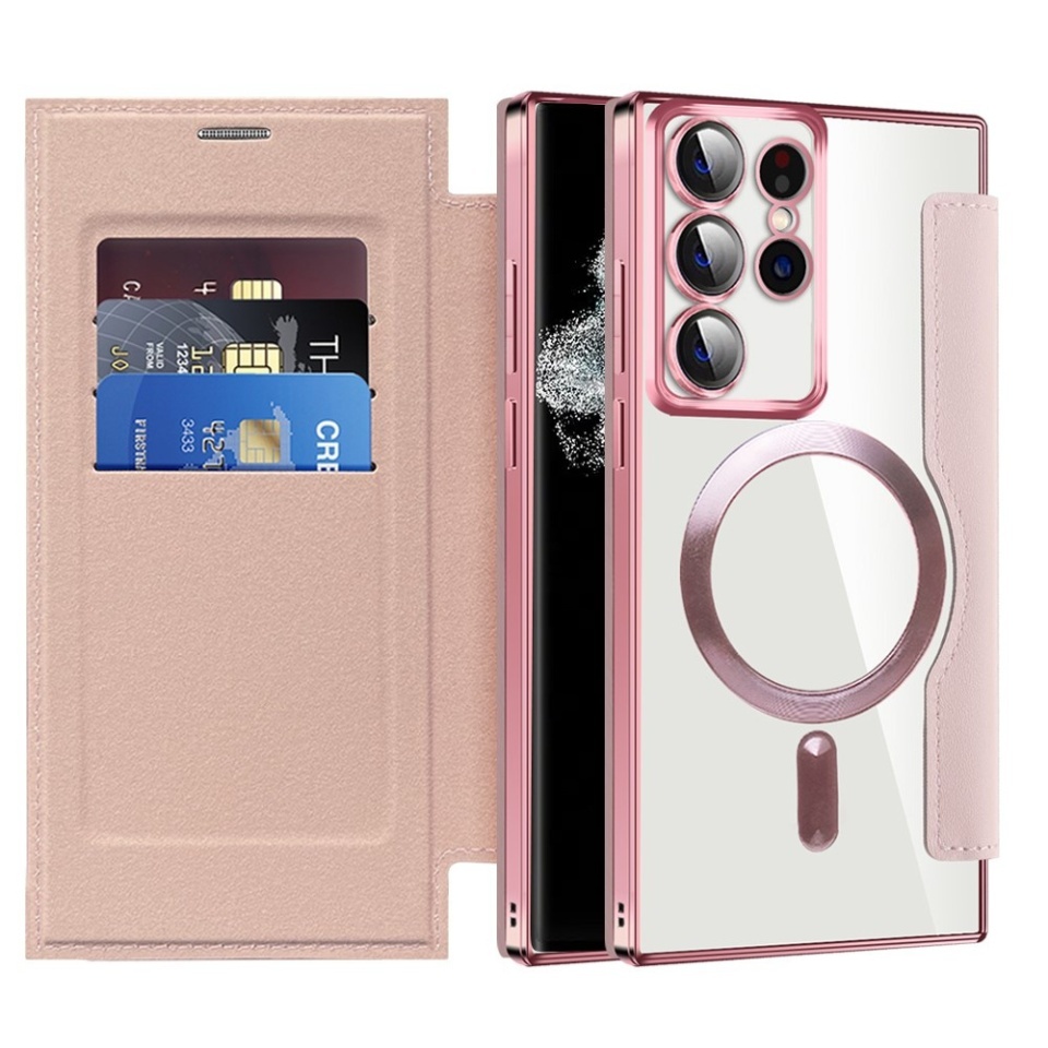 Husa pentru Samsung Galaxy S22 Ultra 5G tip carte, SKYDDAR INOVATION, SmartMag Book, Magsafe, RFiD, Suport Carduri, set cu sticker, Roz