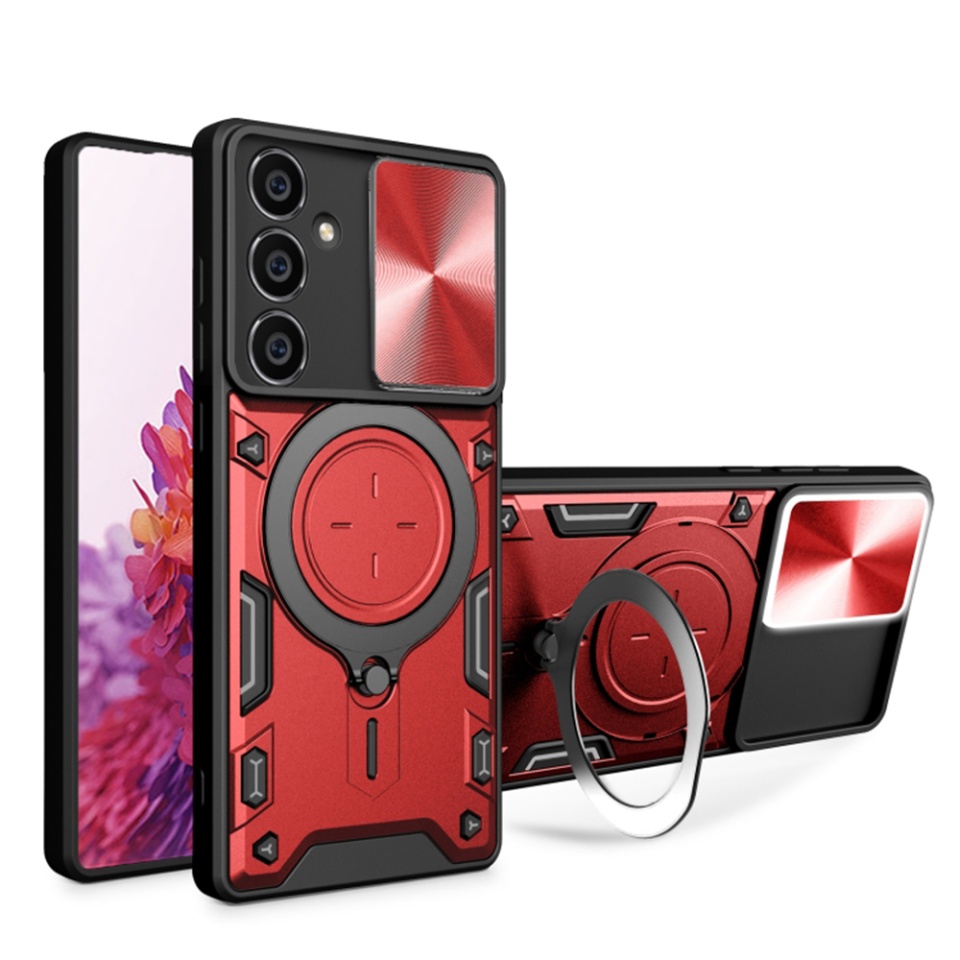 Husa pentru Samsung Galaxy S23 FE, cu inel magnetic si suport ajustabil, protecție completa camera, SKDR SafeCover - Rosu