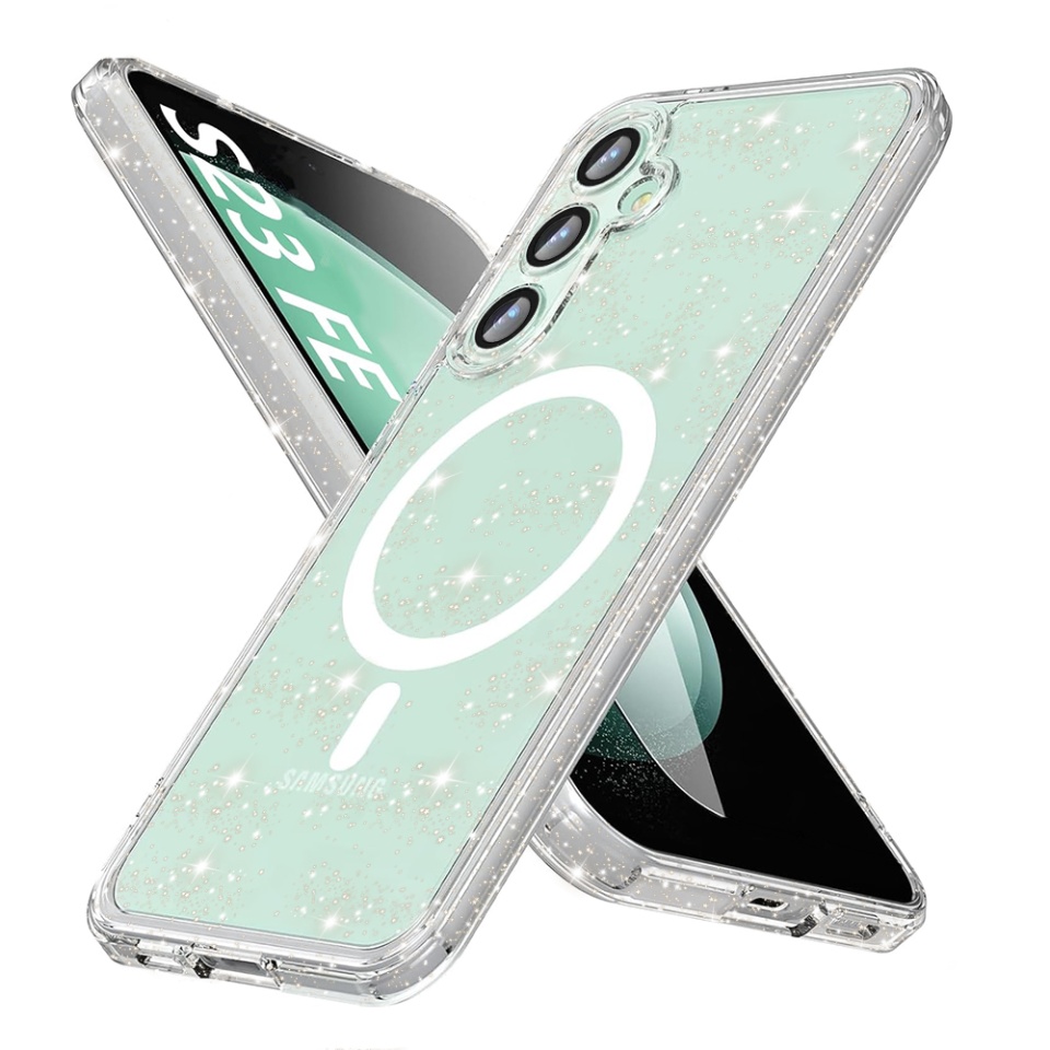 Husa pentru Samsung Galaxy S23 FE, SKYDDAR INNOVATION, SparkleSkin Magsafe, din Silicon TPU cu Sclipici, Design Elegant si Subtire, set cu sticker, Transparenta