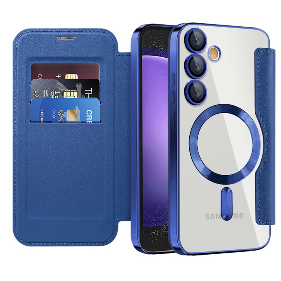 Husa pentru Samsung Galaxy S23 FE tip carte, SKYDDAR INOVATION, SmartMag Book, Magsafe, RFiD, Suport Carduri, set cu sticker, Albastru