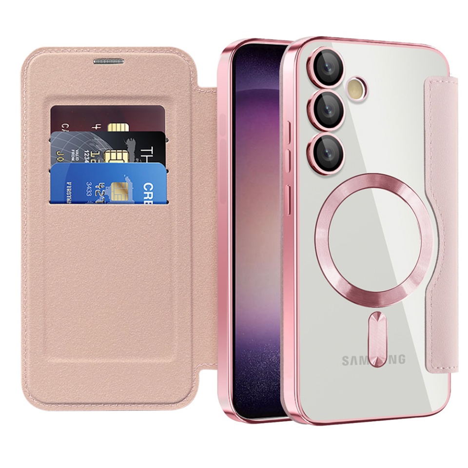 Husa pentru Samsung Galaxy S23 Plus tip carte, SKYDDAR INOVATION, SmartMag Book, Magsafe, RFiD, Suport Carduri, set cu sticker, Roz