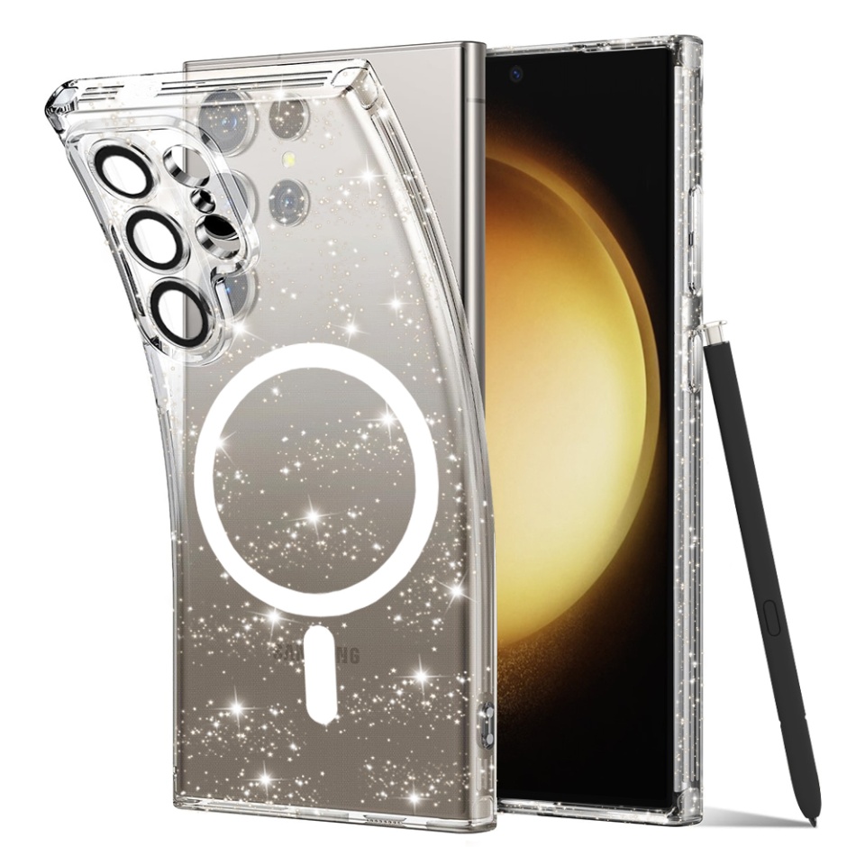 Husa pentru Samsung Galaxy S23 Ultra, SKYDDAR INNOVATION, SparkleSkin Magsafe, din Silicon TPU cu Sclipici, Design Elegant si Subtire, set cu sticker, Transparenta