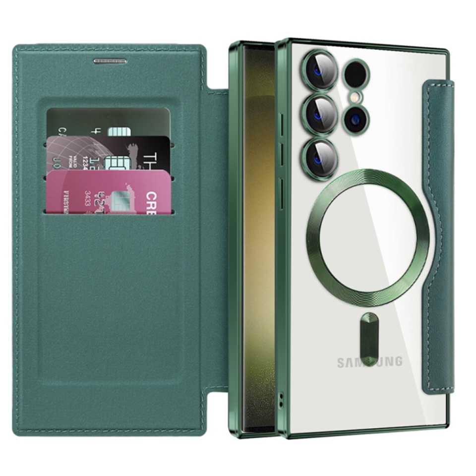 Husa pentru Samsung Galaxy S23 Ultra tip carte, SKYDDAR INOVATION, SmartMag Book, Magsafe, RFiD, Suport Carduri, set cu sticker, Verde