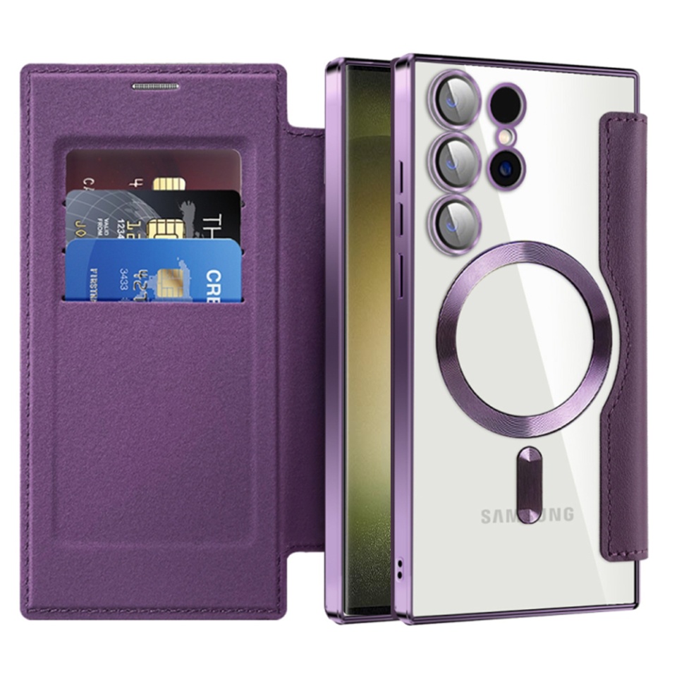 Husa pentru Samsung Galaxy S23 Ultra tip carte, SKYDDAR INOVATION, SmartMag Book, Magsafe, RFiD, Suport Carduri, set cu sticker, Mov