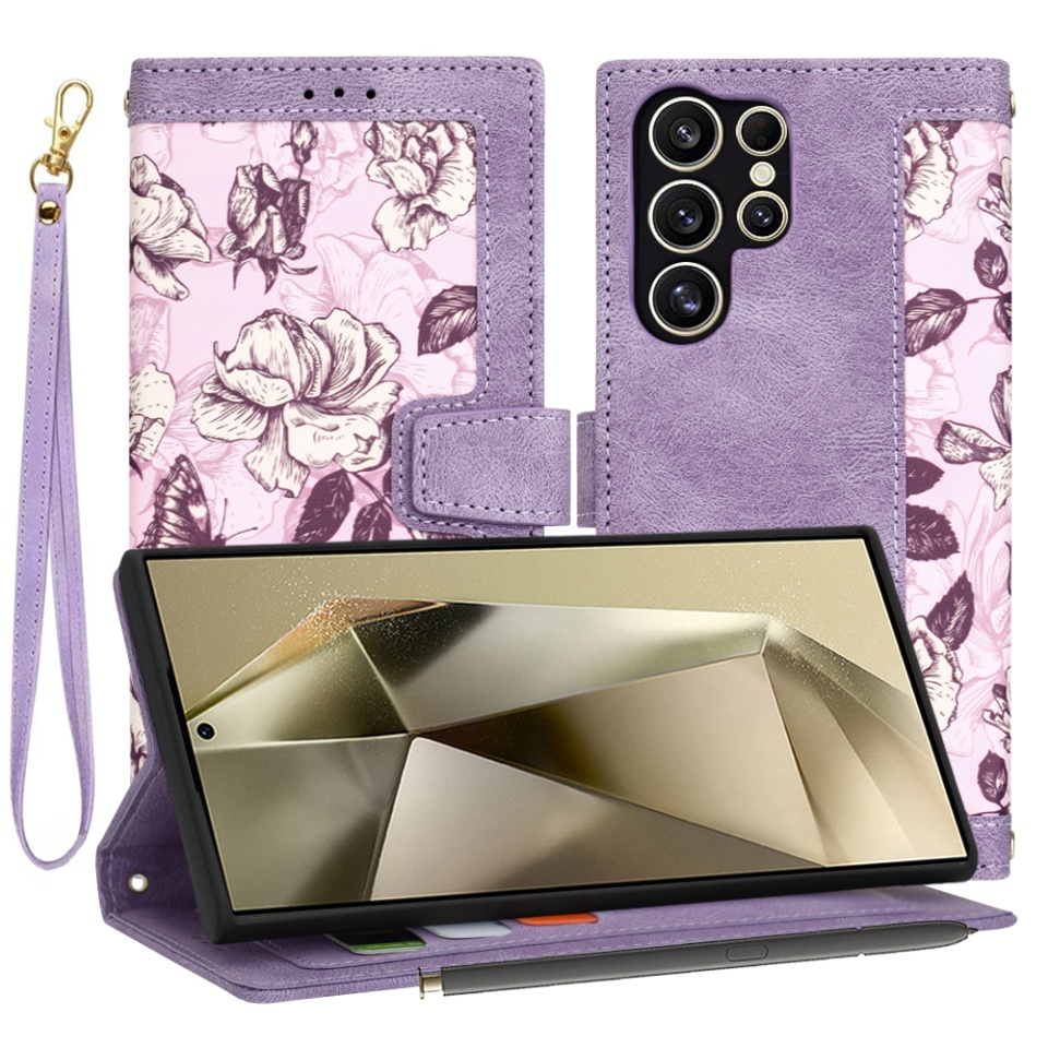 Husa pentru Samsung Galaxy S24 Ultra din Piele Ecologică cu Design Floral, Protecție 360°, Stand Integrat, Buzunare pentru Carduri, SKDR Floral Wallet - Mov