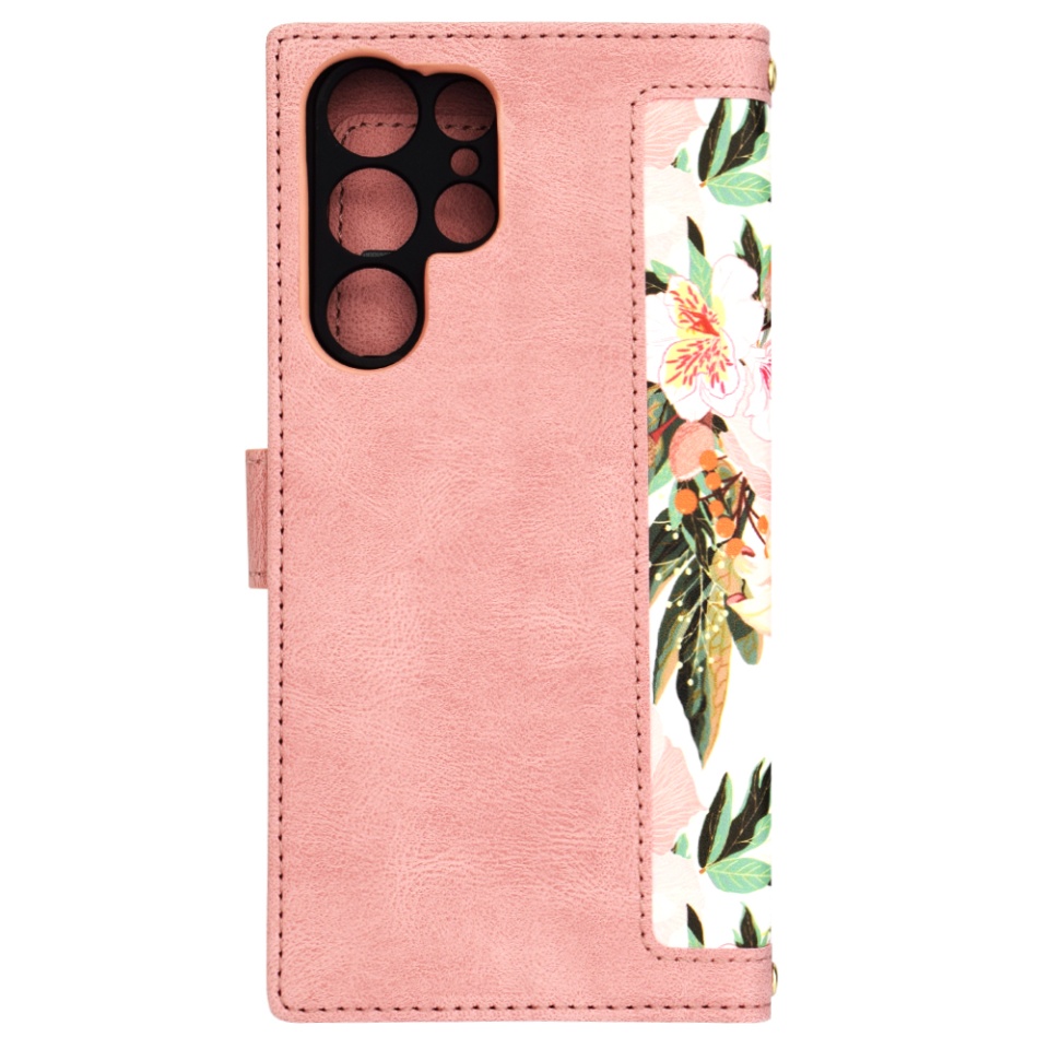 Husa pentru Samsung Galaxy S24 Ultra din Piele Ecologică cu Design Floral, Protecție 360°, Stand Integrat, Buzunare pentru Carduri, SKDR Floral Wallet - Roz - 3 | YEO