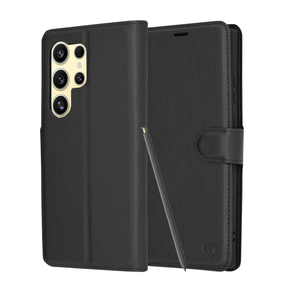 Husa pentru Samsung Galaxy S24 Ultra, SKYDDAR INNOVATION, Leather Folio tip Carte, cu Portofel Interior, Finisaje Premium, set cu sticker, Negru