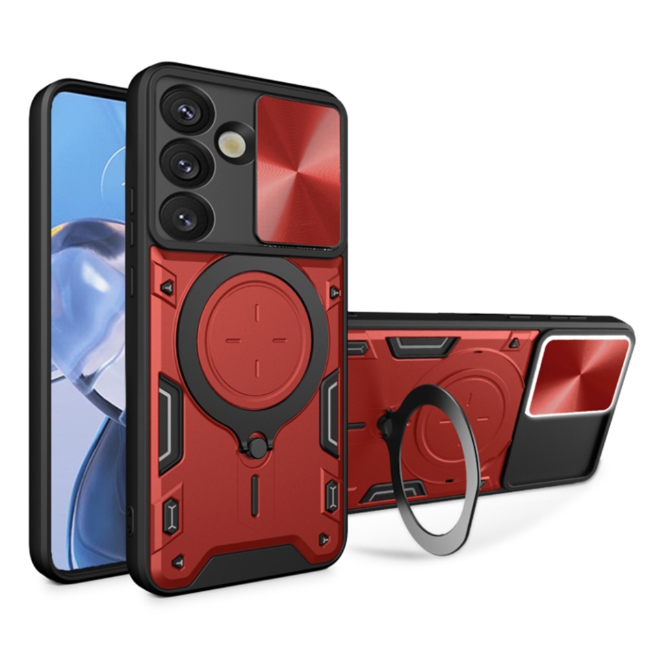 Husa pentru Samsung Galaxy S25, cu inel magnetic si suport ajustabil, protectie completa camera, SKDR SafeCover - Rosu