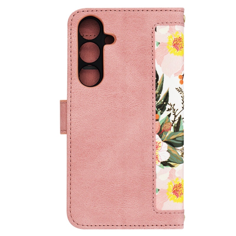 Husa pentru Samsung Galaxy S25 din Piele Ecologică cu Design Floral, Protecție 360°, Stand Integrat, Buzunare pentru Carduri, SKDR Floral Wallet - Roz - 2 | YEO