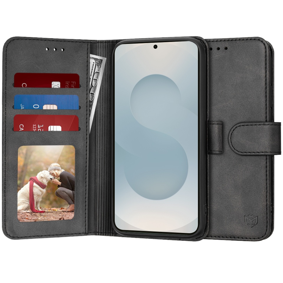 Husa pentru Samsung Galaxy S25 Edge, SKYDDAR INNOVATION, Diary Book, tip carte cu Portofel Interior, Protectie la socuri, Negru, set cu sticker