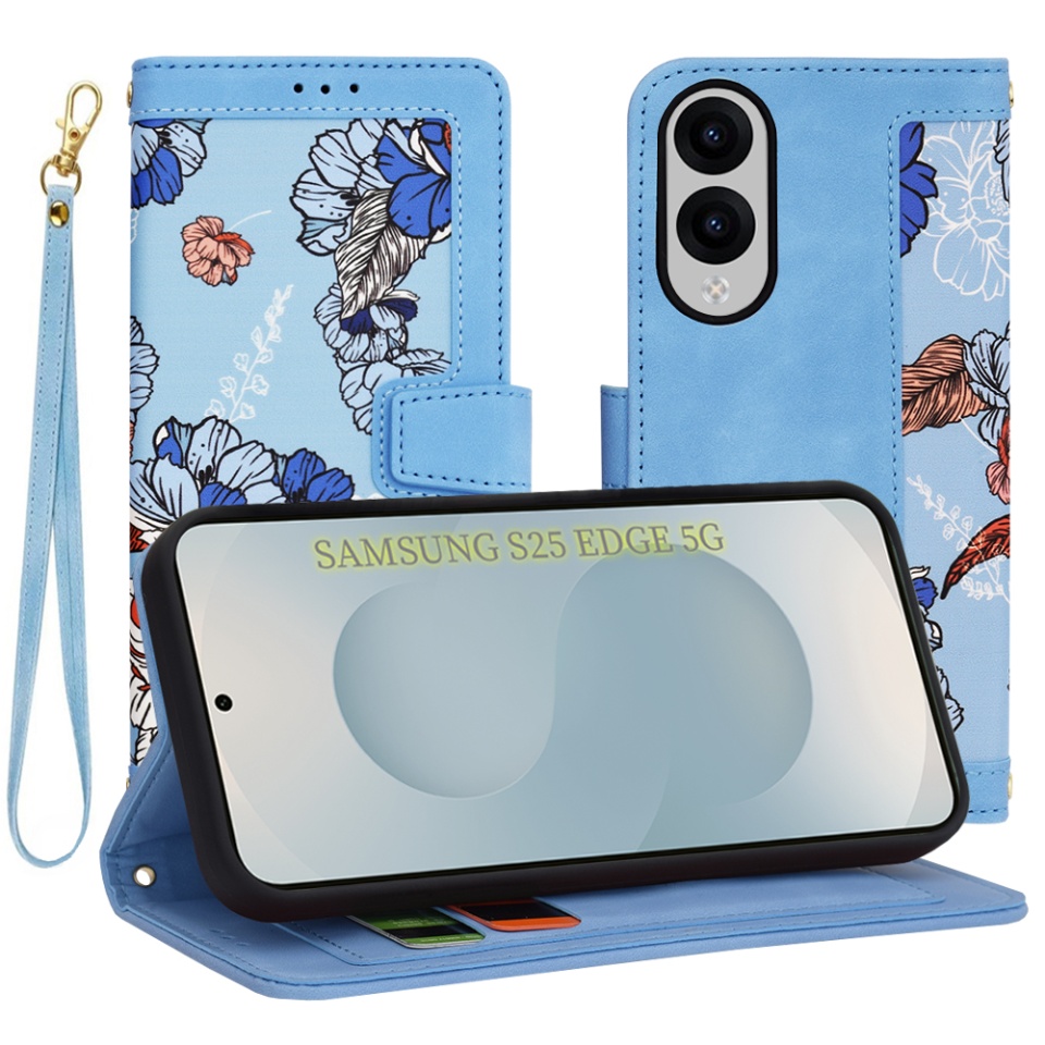 Husa pentru Samsung Galaxy S25 Edge, SKYDDAR INNOVATION, Floral Wallet, din Piele Ecologică cu Design Floral, Protecție 360°, Stand Integrat, Buzunare pentru Carduri, Bleu, set cu sticker