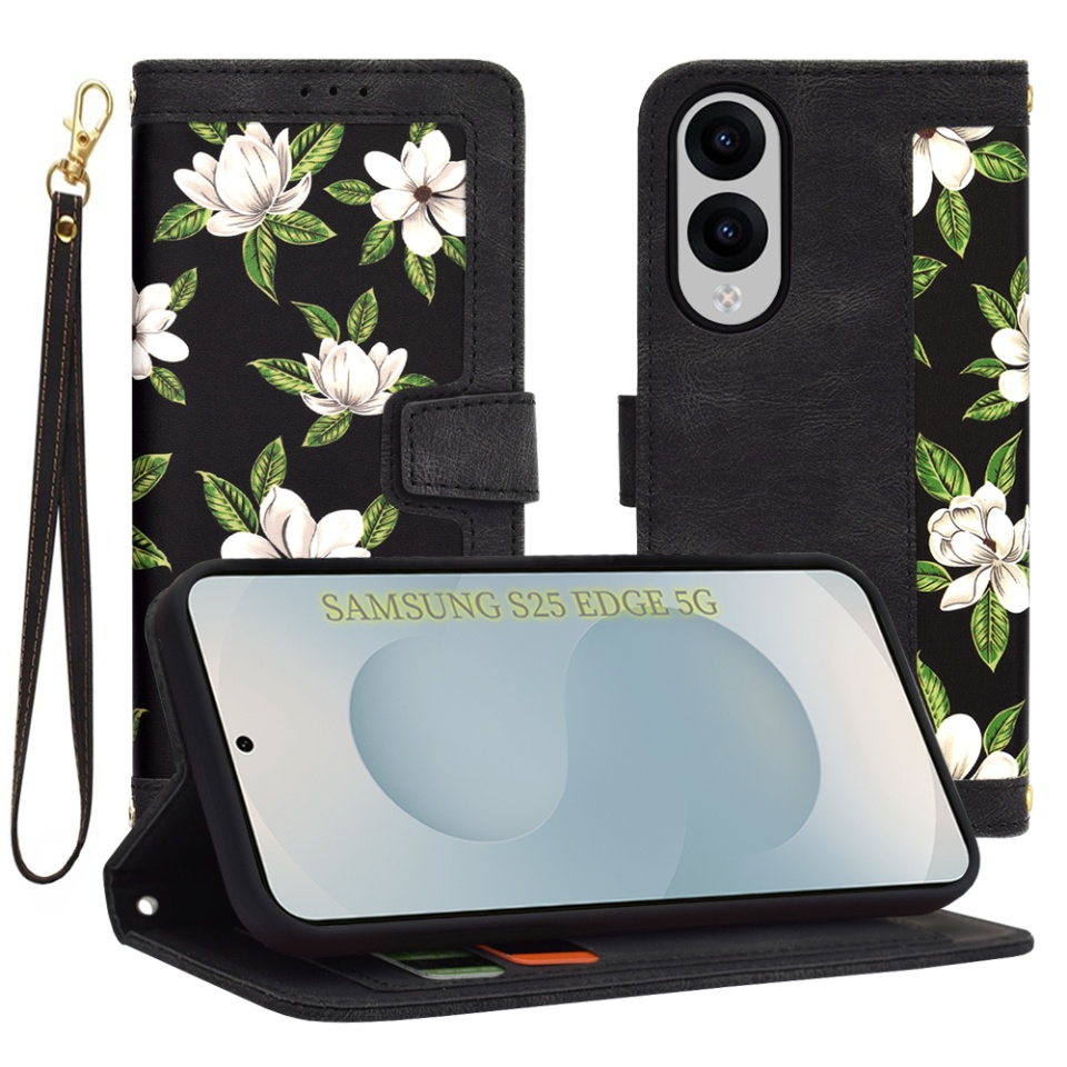 Husa pentru Samsung Galaxy S25 Edge, SKYDDAR INNOVATION, Floral Wallet, din Piele Ecologică cu Design Floral, Protecție 360°, Stand Integrat, Buzunare pentru Carduri, Negru, set cu sticker