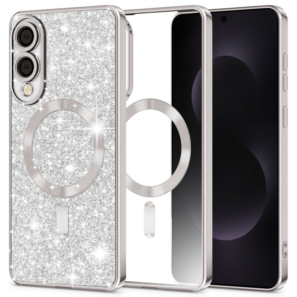 Husa pentru Samsung Galaxy S25 Edge, SKYDDAR INNOVATION, Luxury Glitter Magsafe, Antisoc, Fundal Detasabil 2-in-1, Protectie Superioara, Margini Ridicate, Argintiu, set cu sticker