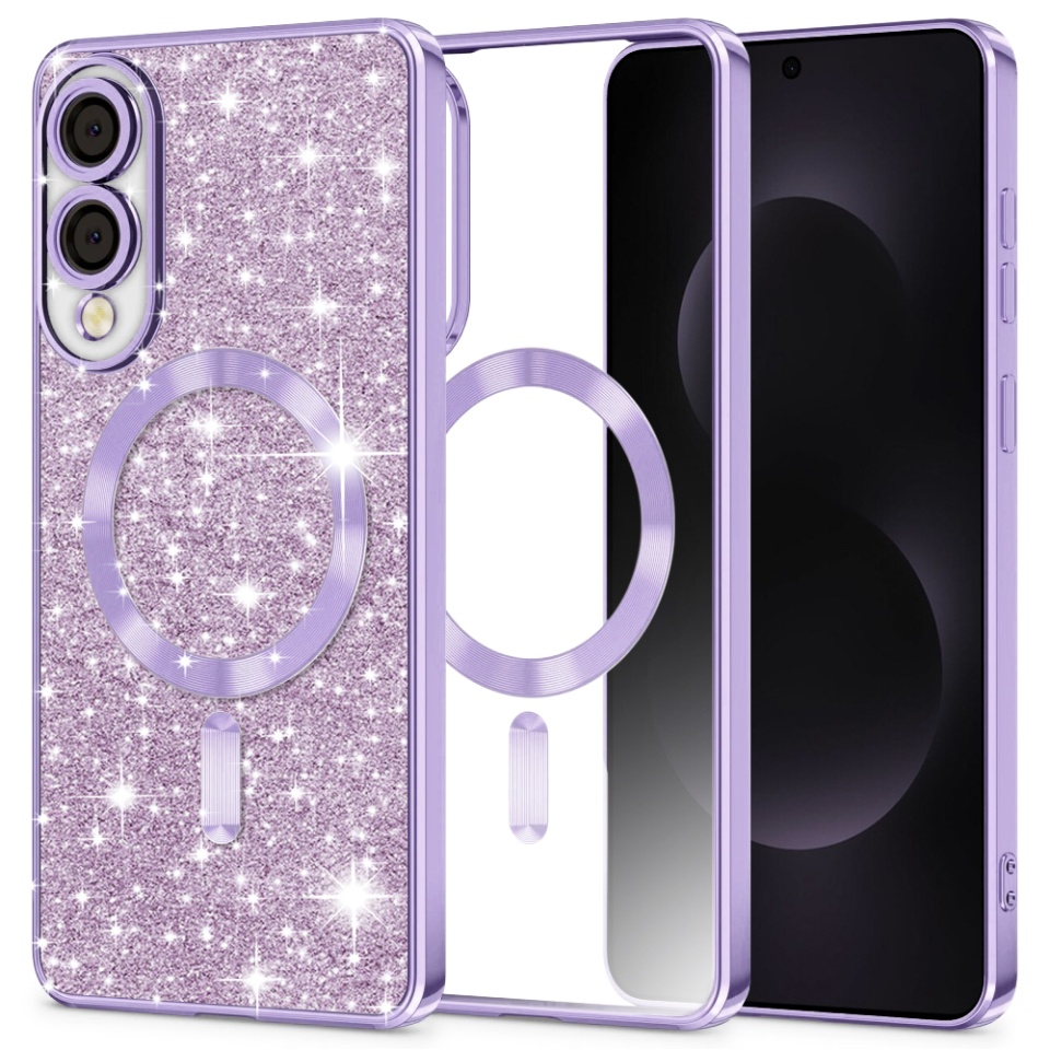 Husa pentru Samsung Galaxy S25 Edge, SKYDDAR INNOVATION, Luxury Glitter Magsafe, Antisoc, Fundal Detasabil 2-in-1, Protectie Superioara, Margini Ridicate, Mov deschis, set cu sticker