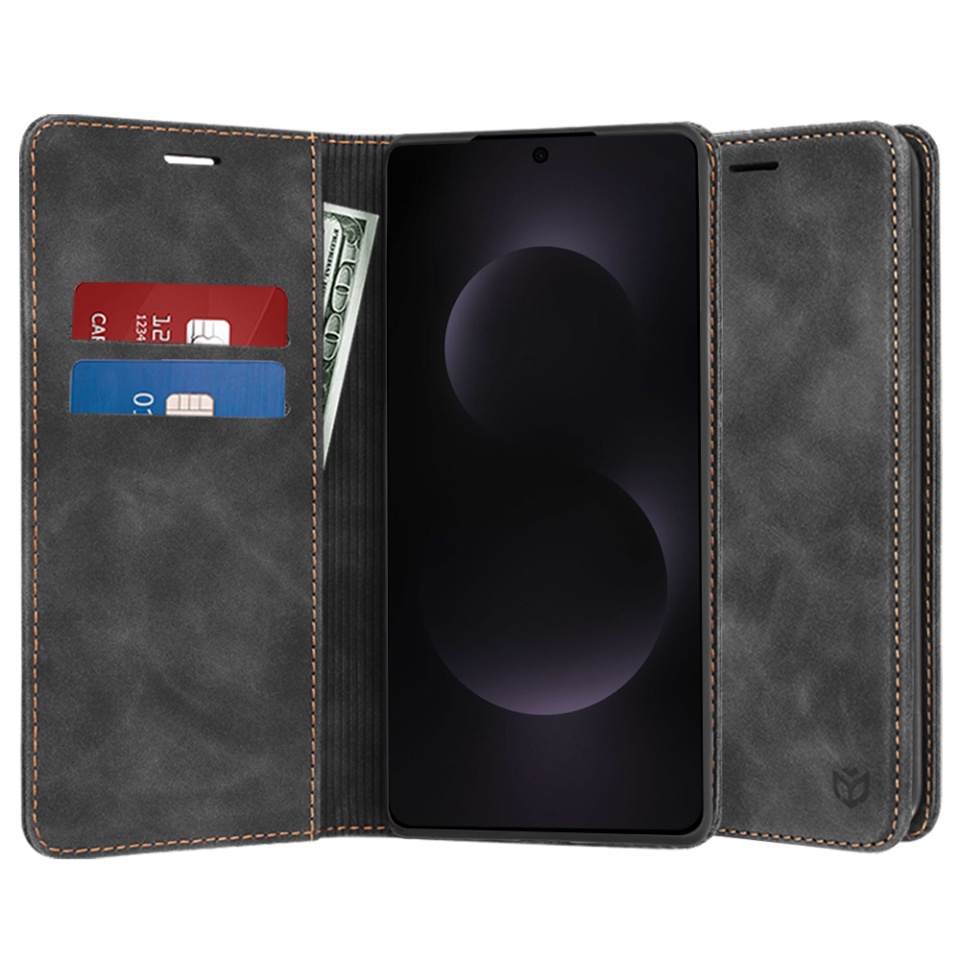 Husa pentru Samsung Galaxy S25 Edge, SKYDDAR INNOVATION, Soft Wallet, tip Carte, din piele Eco Premium cu Portofel Interior, Negru, set cu sticker