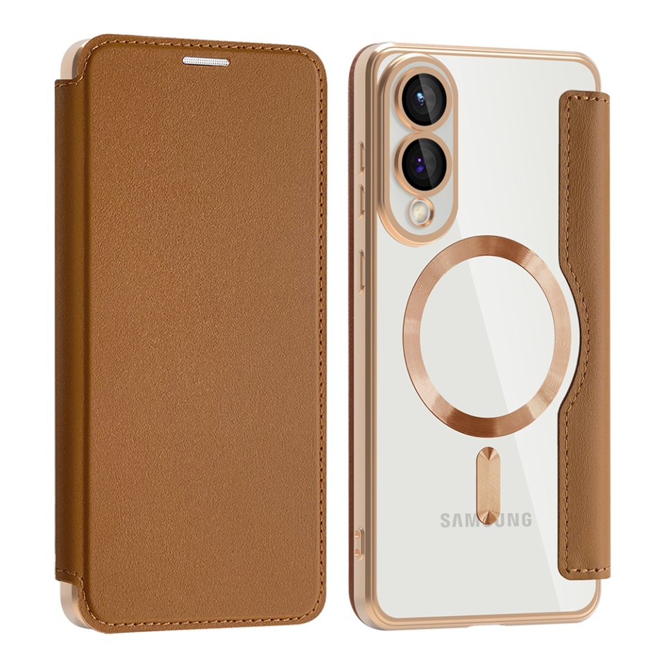 Husa pentru Samsung Galaxy S25 Edge tip carte, SKYDDAR INOVATION, SmartMag Book, Magsafe, RFiD, Suport Carduri, set cu sticker, Maro - 1 | YEO