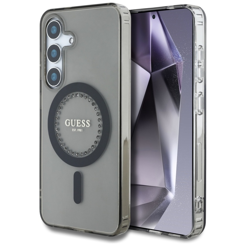 Husa pentru Samsung Galaxy S25 IML Rhinestones MagSafe, Guess - Negru