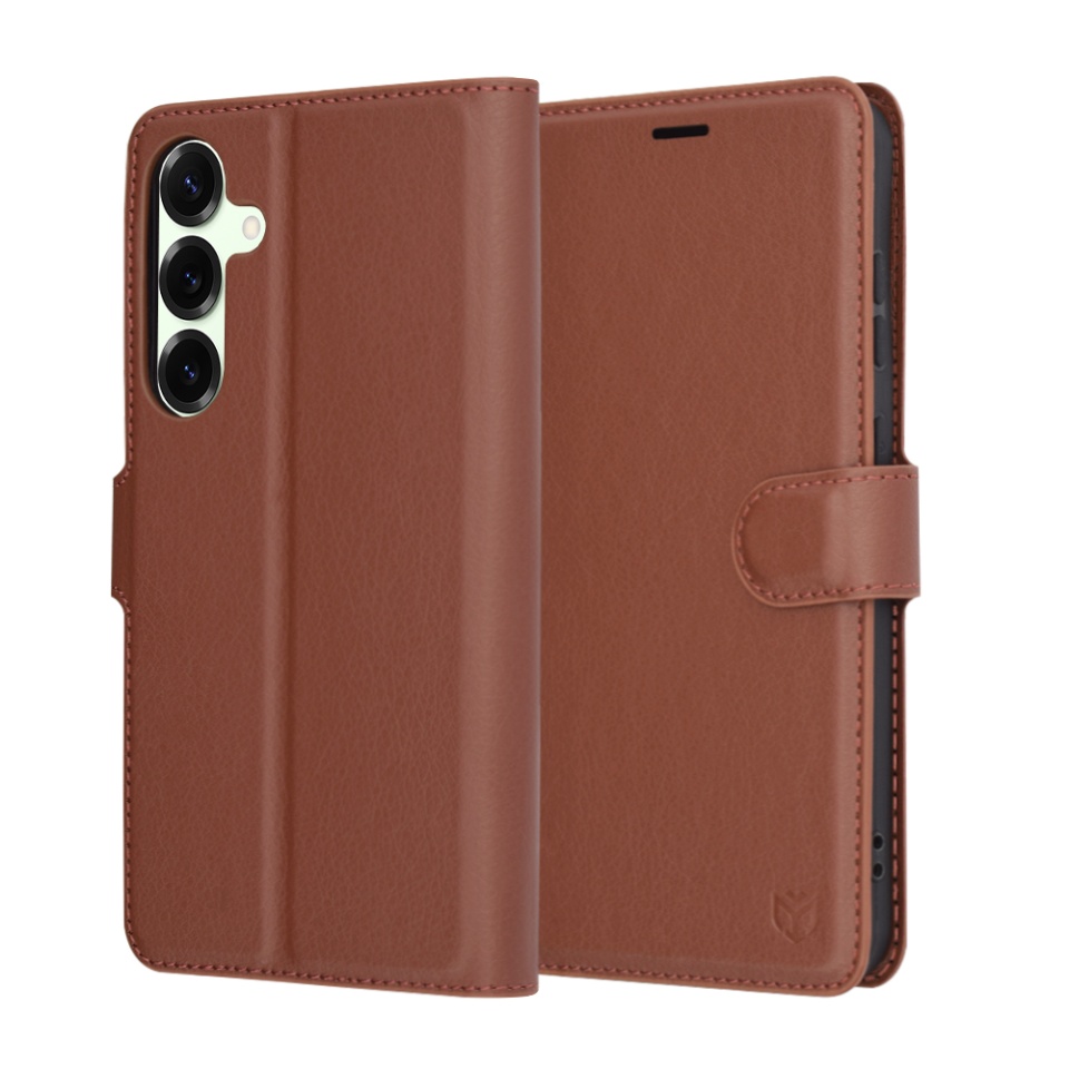 Husa pentru Samsung Galaxy S25 Plus, SKYDDAR INNOVATION, Leather Folio tip Carte, cu Portofel Interior, Finisaje Premium, set cu sticker, Maro