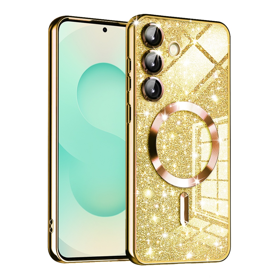 Husa pentru Samsung Galaxy S25 Plus, SKYDDAR INNOVATION, Luxury Glitter Magsafe, Antisoc, Fundal Detasabil 2-in-1, Margini Ridicate, set cu sticker, Auriu