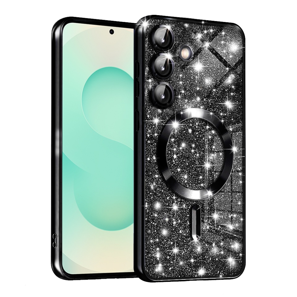 Husa pentru Samsung Galaxy S25 Plus, SKYDDAR INNOVATION, Luxury Glitter Magsafe, Antisoc, Fundal Detasabil 2-in-1, Margini Ridicate, set cu sticker, Negru
