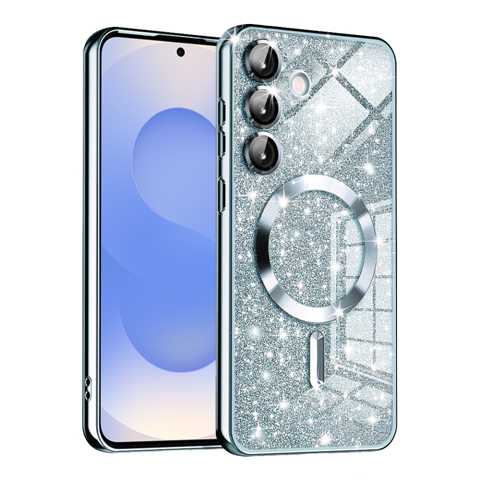 Husa pentru Samsung Galaxy S25, SKYDDAR INNOVATION, Luxury Glitter Magsafe, Antisoc, Fundal Detasabil 2-in-1, Margini Ridicate, set cu sticker, Bleu