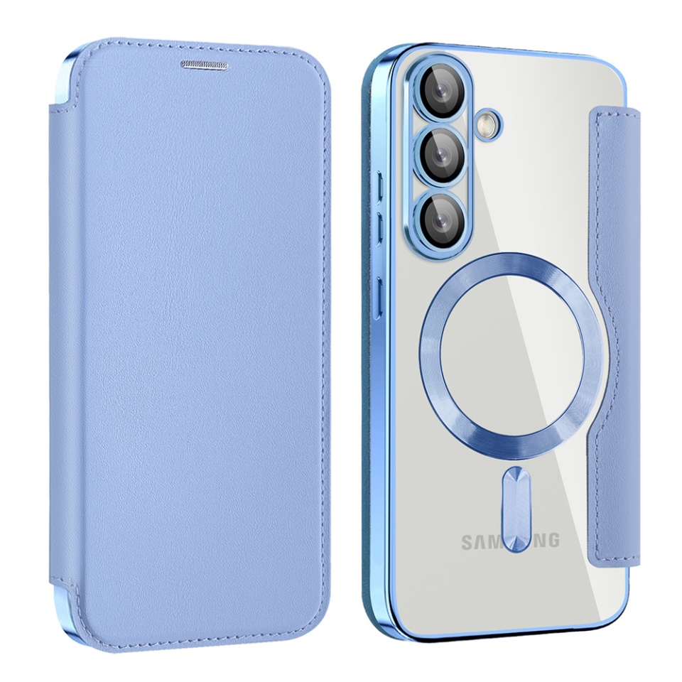 Husa pentru Samsung Galaxy S25 tip carte, SKYDDAR INOVATION, SmartMag Book, Magsafe, RFiD, Suport Carduri, set cu sticker, Bleu - 1 | YEO