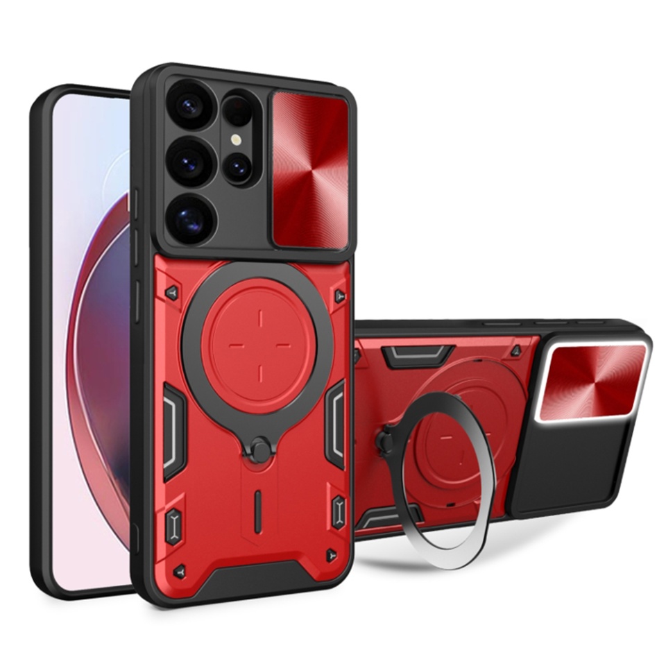 Husa pentru Samsung Galaxy S25 Ultra, cu inel magnetic si suport ajustabil, protectie completa camera, SKDR SafeCover - Rosu
