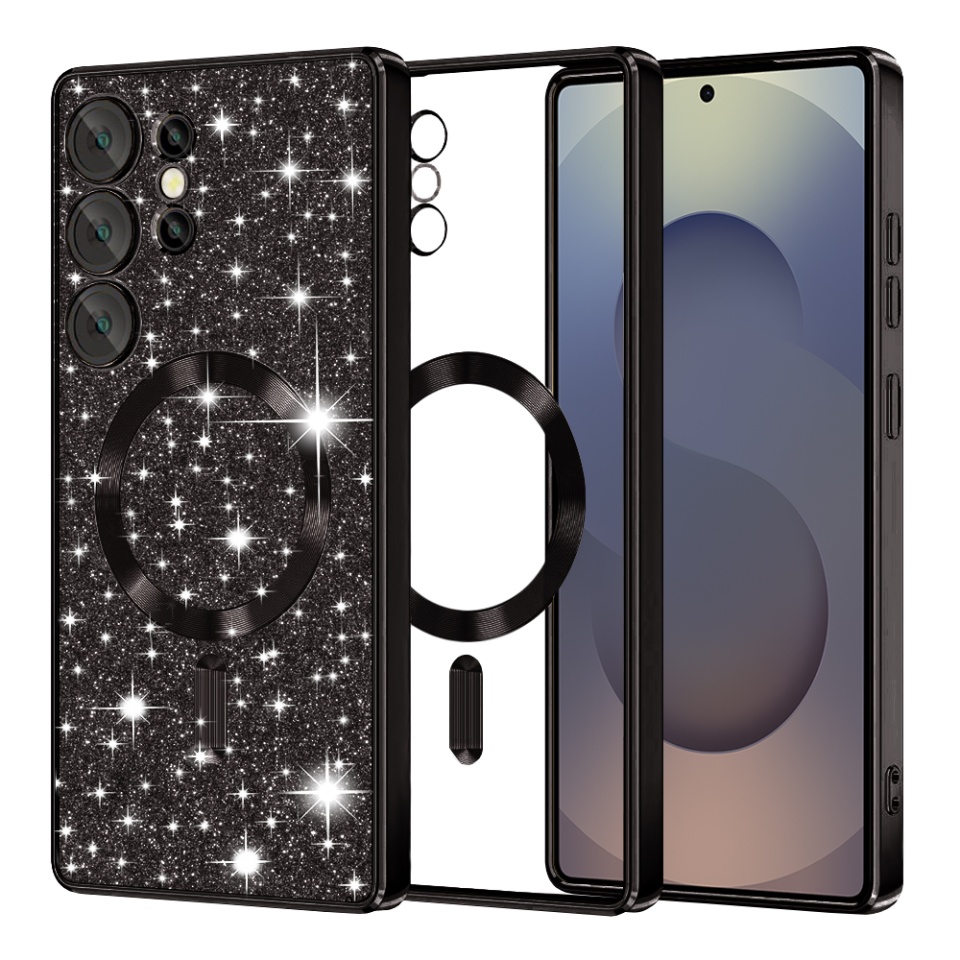 Husa pentru Samsung Galaxy S25 Ultra, SKYDDAR INNOVATION, Luxury Glitter Magsafe, Antisoc, Fundal Detasabil 2-in-1, Margini Ridicate, set cu sticker, Negru