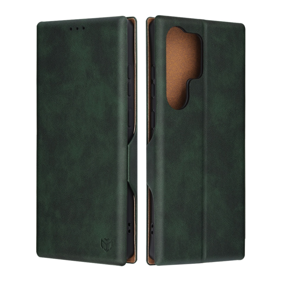 Husa pentru Samsung Galaxy S25 Ultra, SKYDDAR INNOVATION, Safe Wallet tip carte din Piele Ecologica, Suport Carduri, Inchidere Magnetica, Verde, set cu sticker