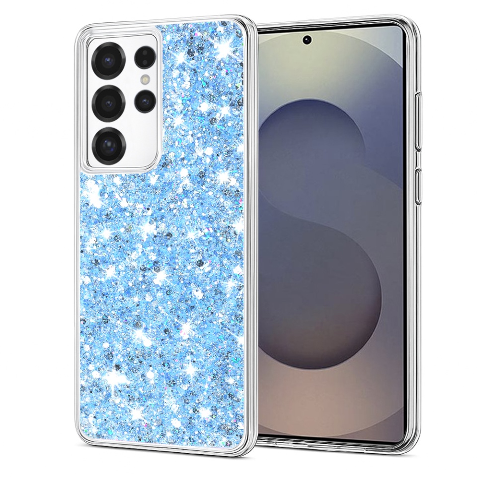 Husa pentru Samsung Galaxy S25 Ultra, SKYDDAR INNOVATION, SparkleCase, din Silicon cu Sclipici, Protectie Completa, Bleu, set cu sticker
